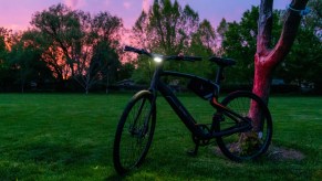 New Urban Urtopia Electric Carbon Fiber Bike E-Bike Leaning against a tree in a grassy park at sunset