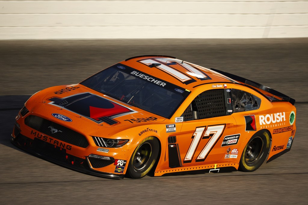 The orange #17 Roush Performance Ford Mustang NASCAR racer at the 2021 Cup Series Southern Cook Out 500