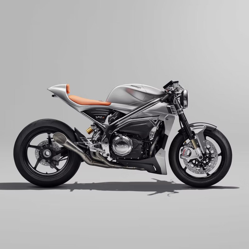 The side view of a silver Norton V4CR motorcycle prototype in a white studio