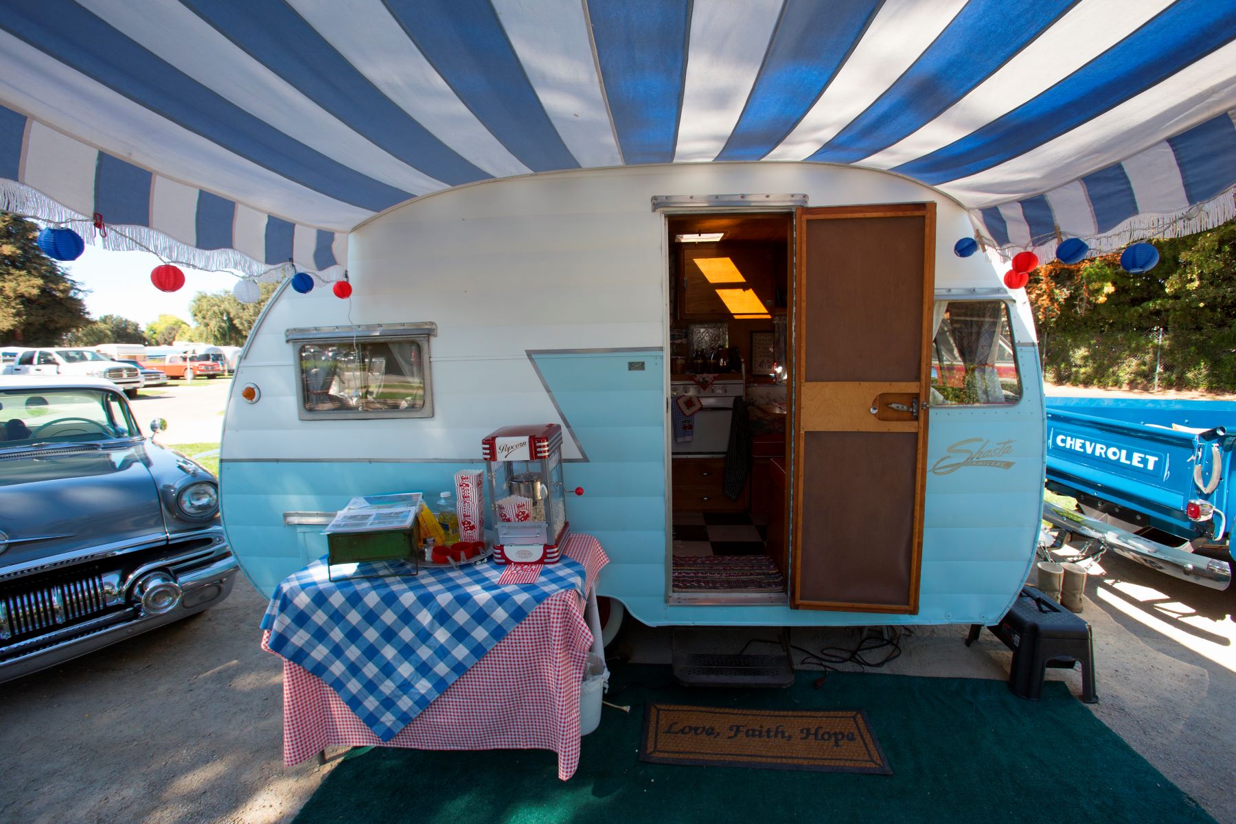 A vintage Shasta Trailer RV camper awning seen at the Flying Flag RV Resort in Buellton, California