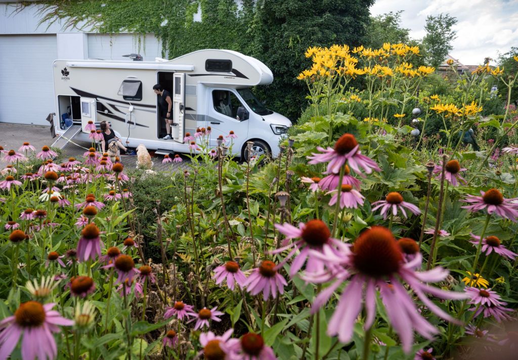 RV sitting behind an area of flowers that may need 4 RV tips to make your experience even better. 