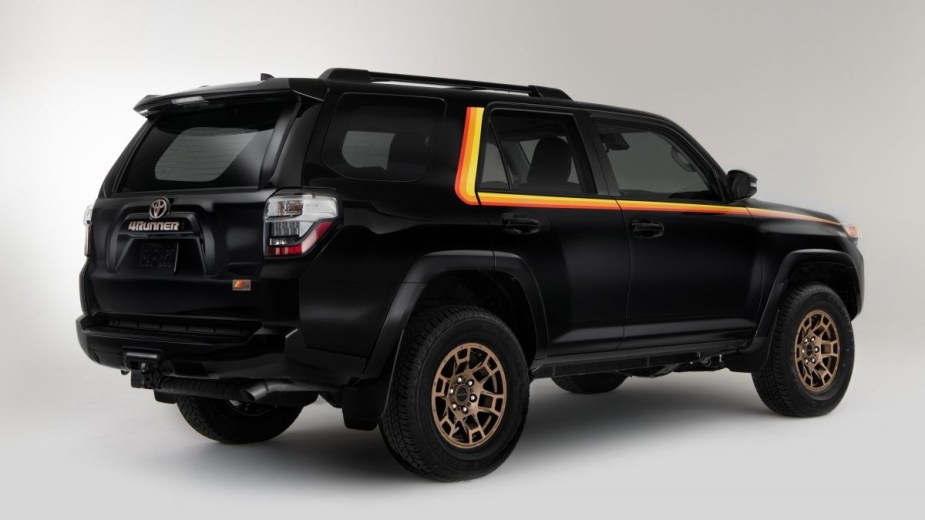 Rear angle view of black 2023 Toyota 4Runner in 40th anniversary trim. 