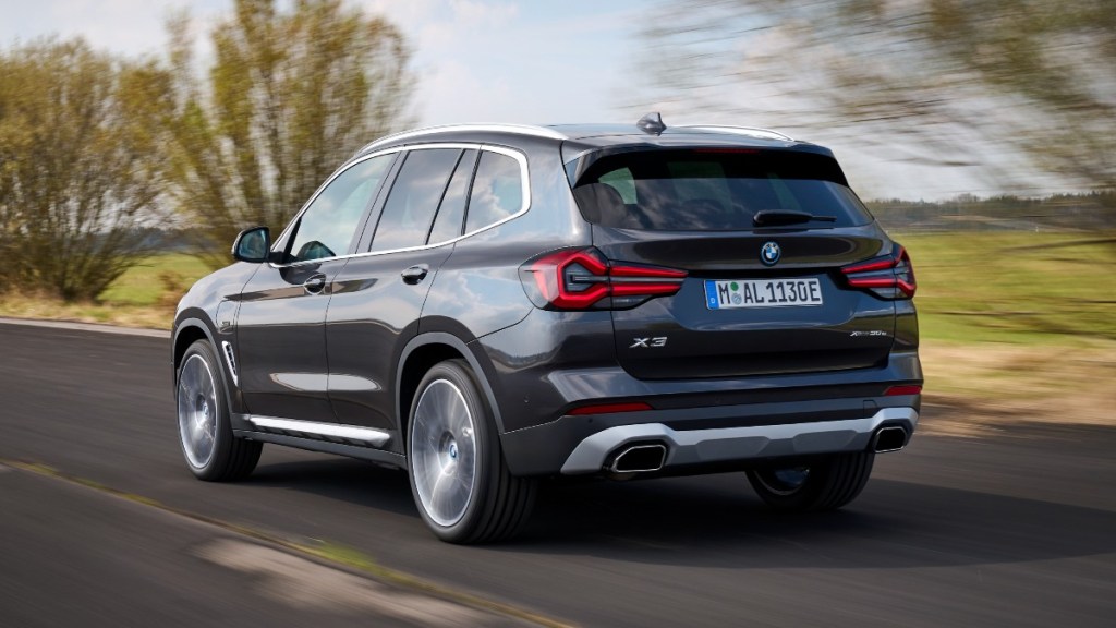 Rear angle view of gray 2023 BMW X3, highlighting its release date and price