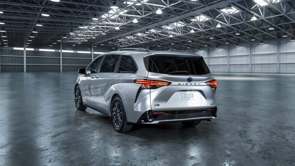 Rear angle view of silver 2023 Toyota Sienna, highlighting its release date and price