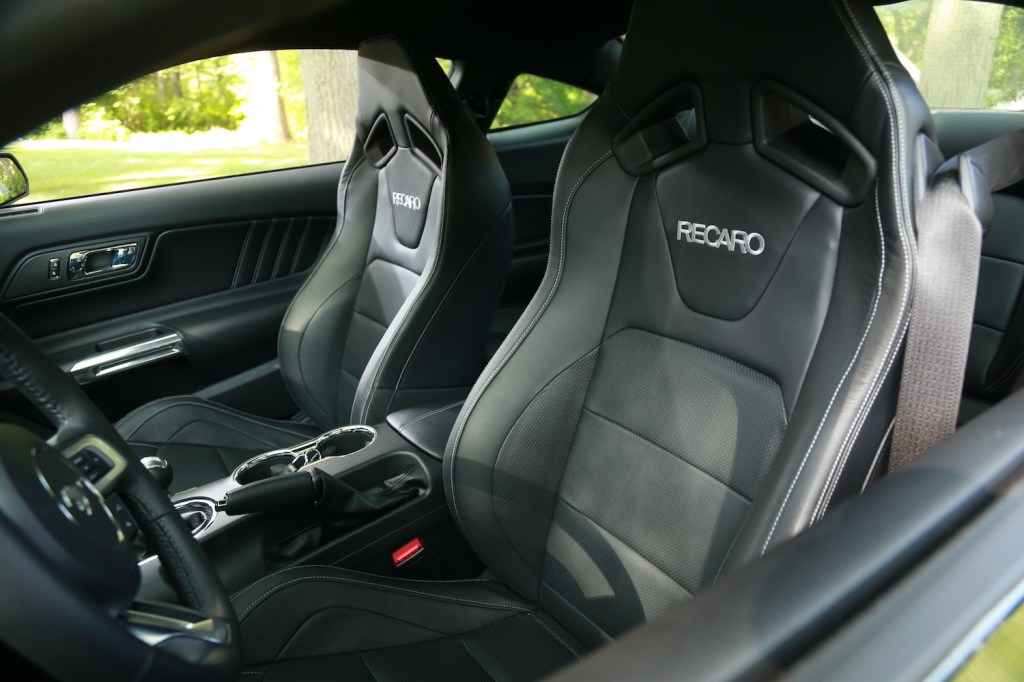 Recaro leather front seats in a Ford Mustang.