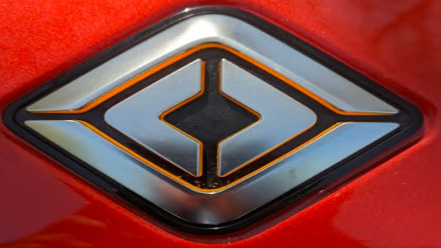 The Rivian Logo on a 2022 Rivian R1T Launch Editiion in Canyon Red.