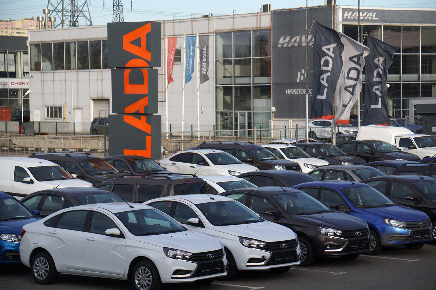 Lada car dealership in Moscow Russia full of new cars as sales decline