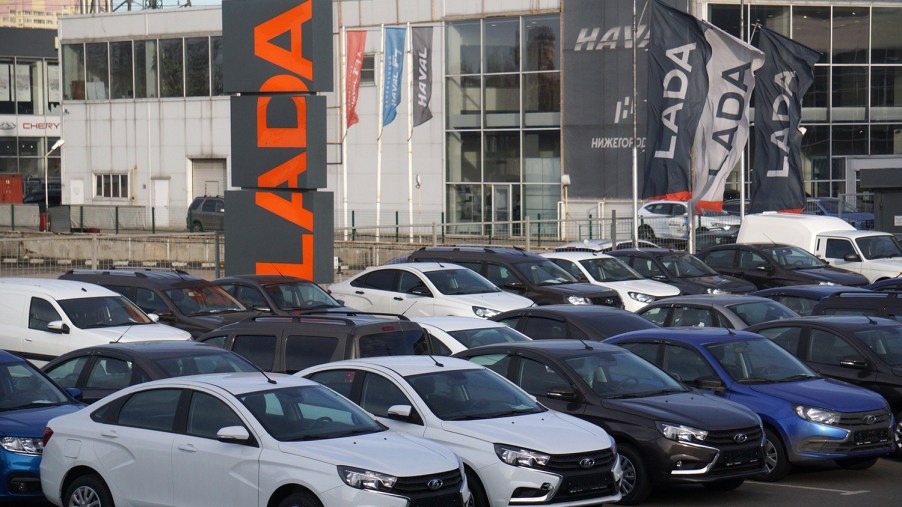 Lada car dealership in Moscow Russia full of new cars as sales decline