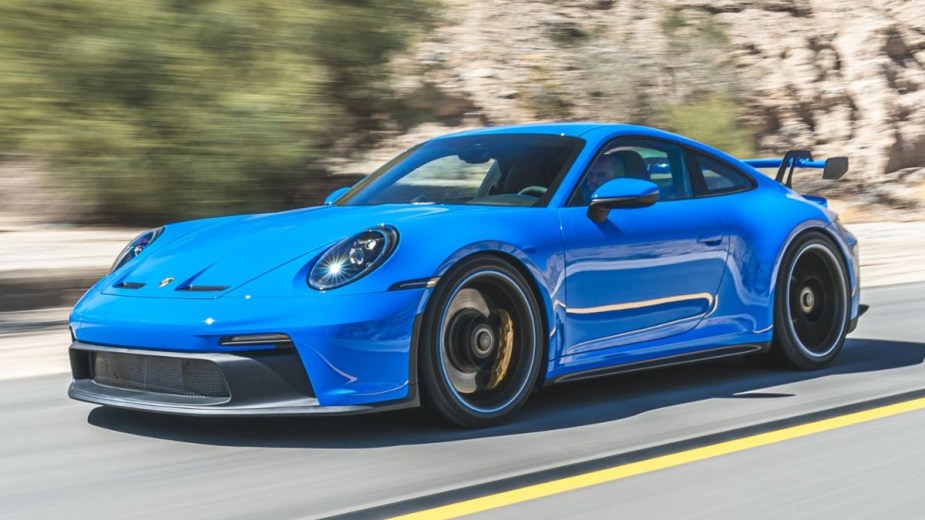 a shark blue porsche 911 gt3, the standard gt 3 model, which is a justa taste of what the rs model can offer