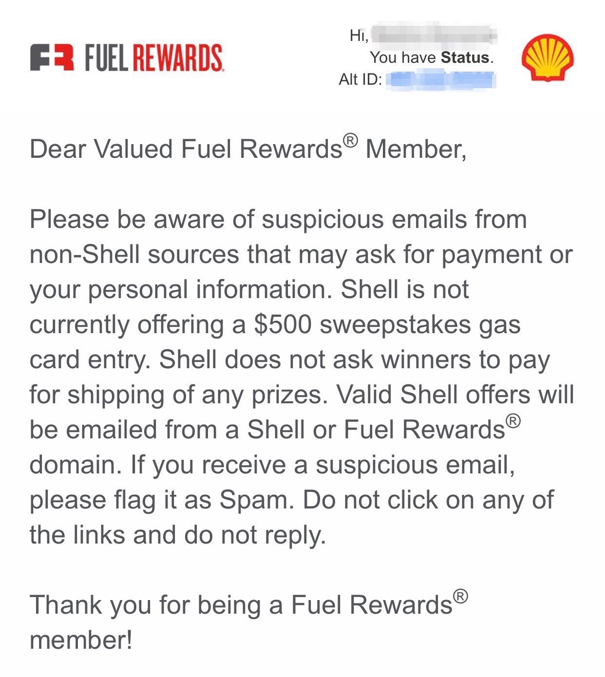 Shell Fuel Rewards email scam warning