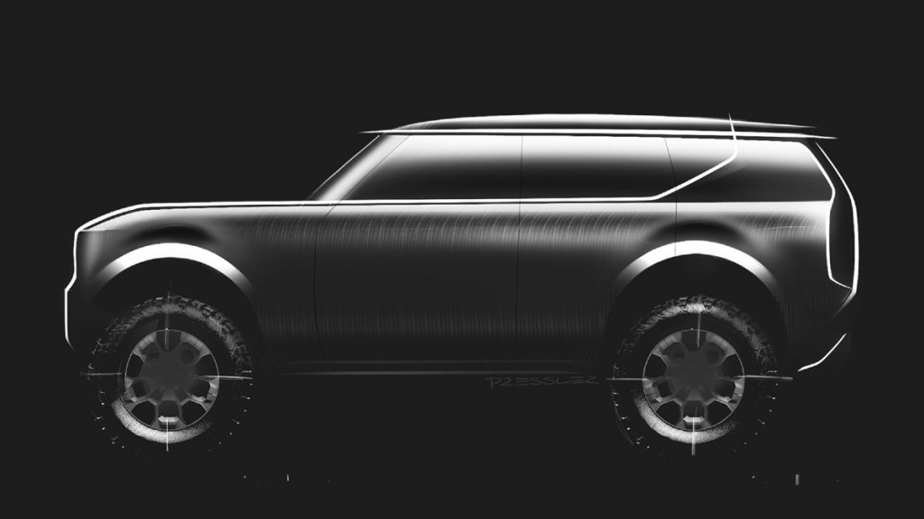 Side view of black 2026 VW Scout SUV EV, highlighting its release date and price