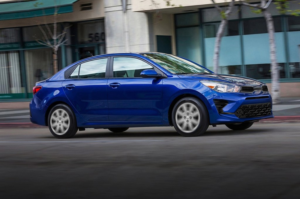 Side view of blue 2022 Kia Rio, which could soon be discontinued in the U.S.