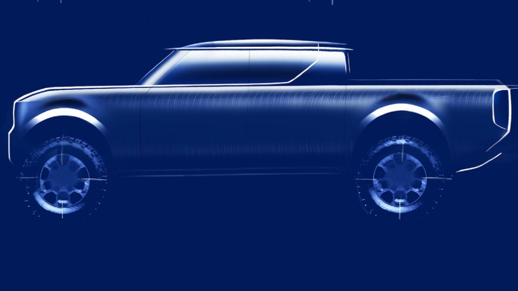 Side view of blue 2026 VW Scout Pickup Truck EV, highlighting its release date and price