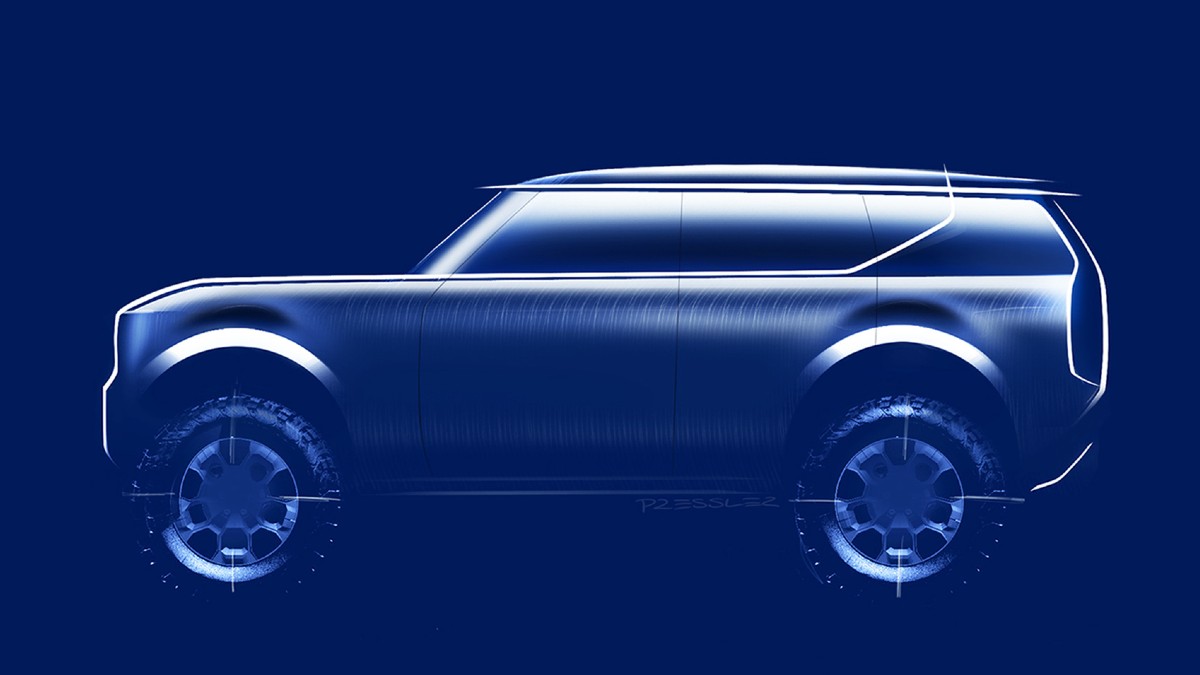 Side view of blue 2026 VW Scout SUV EV, highlighting its release date and price