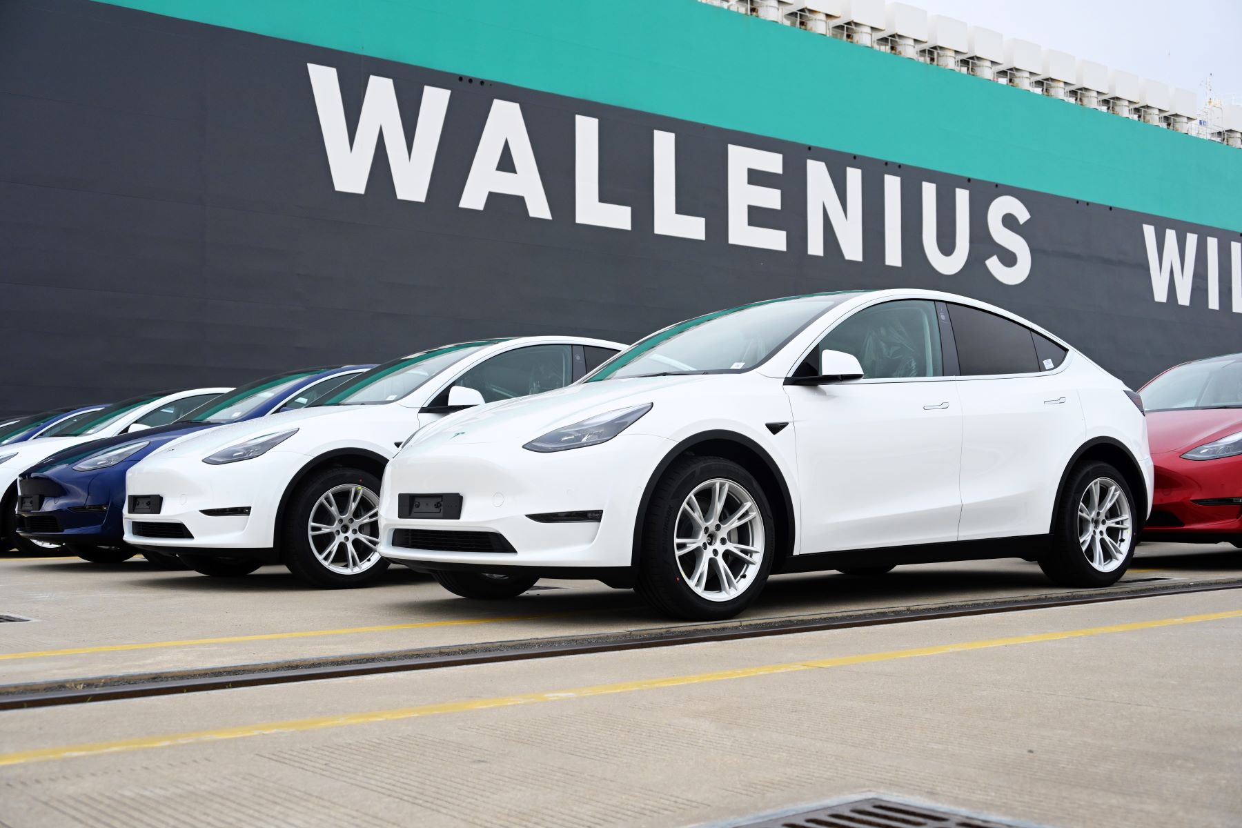 Tesla Model Y models in Shanghai, China, being shipped to the Port of Zeebrugge in Belgium using the Theben cargo vessel