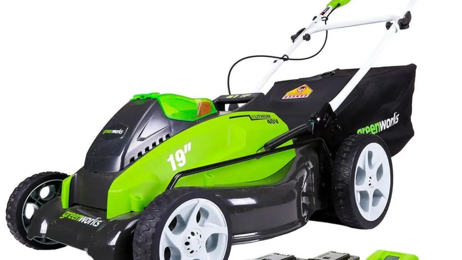 A green-and-black Greenworks 25223 40V 19” battery-powered push lawn mower with two batteries and a charger