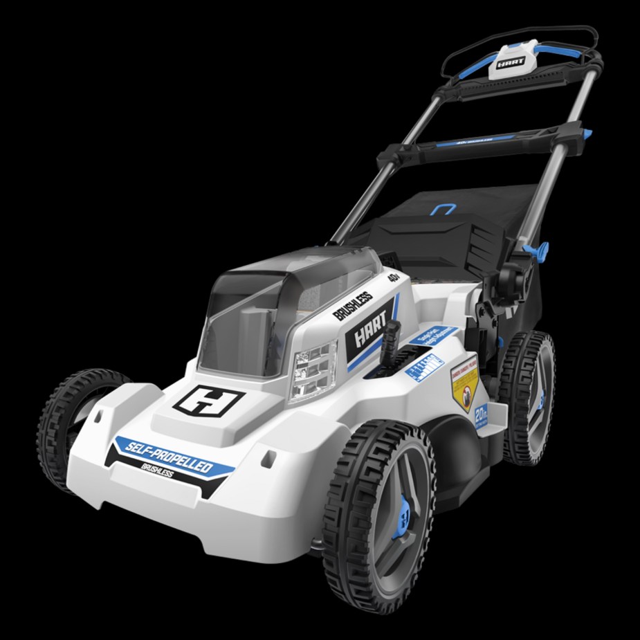A white-and-blue Hart Tools HLPM021VNM 40V 20” self-propelled battery-powered lawn mower