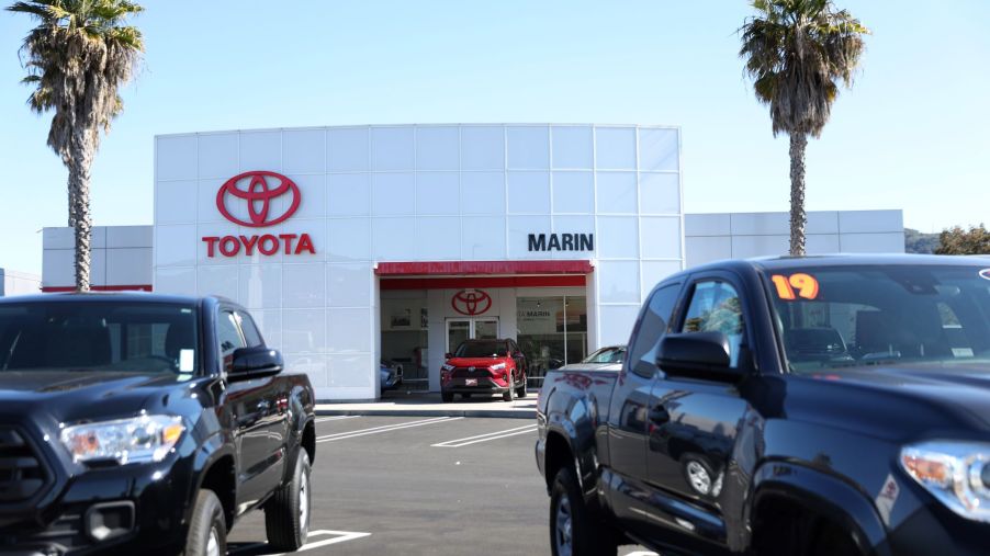 The Toyota Marin dealership with trucks and SUVs parked in its lot located in San Rafael, California