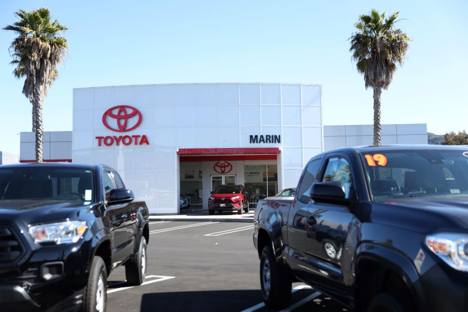 The Toyota Marin dealership with trucks and SUVs parked in its lot located in San Rafael, California