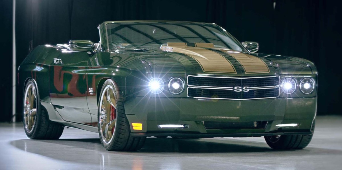 A green Trans Am Worldwide 70/SS convertible with tan racing stripes