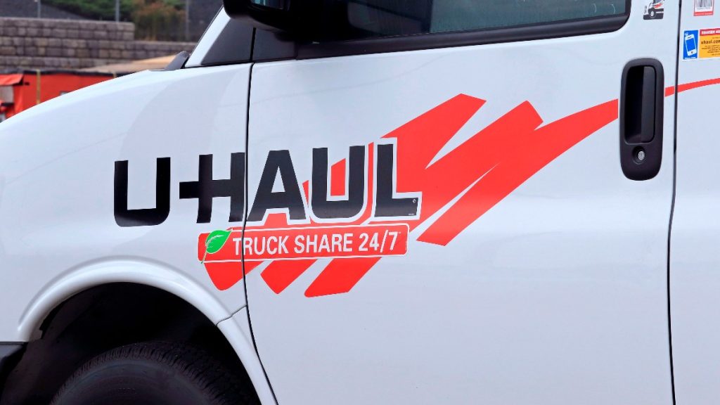 the uhaul logo on one of the company's box trucks