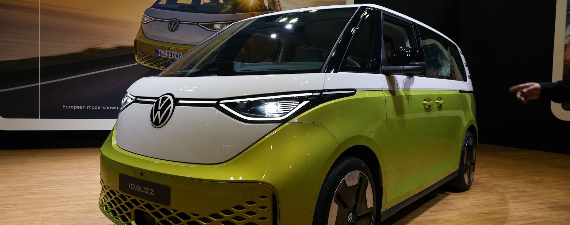 A green Volkswagen ID. Buzz indoors.