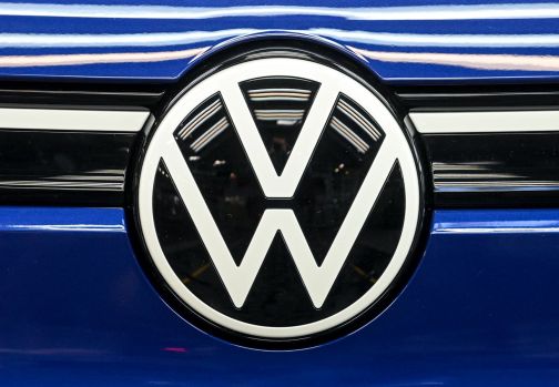 An illuminated Volkswagen logo on the VW ID.4 all-electric compact SUV model