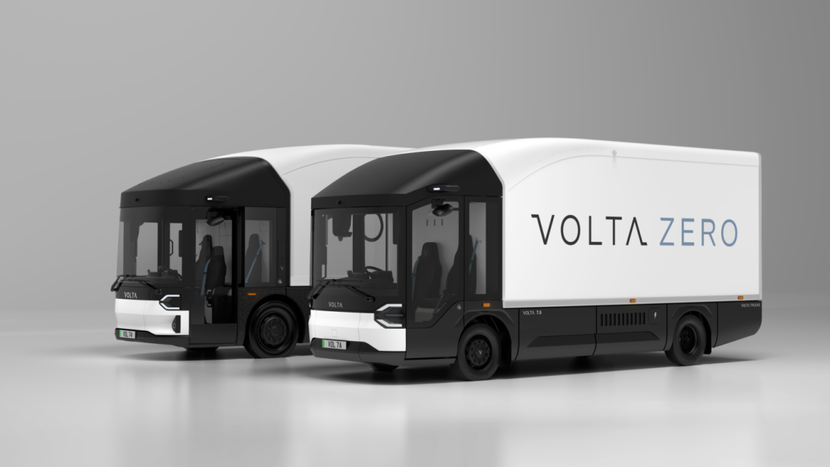 Two Volta electric commercial trucks. 