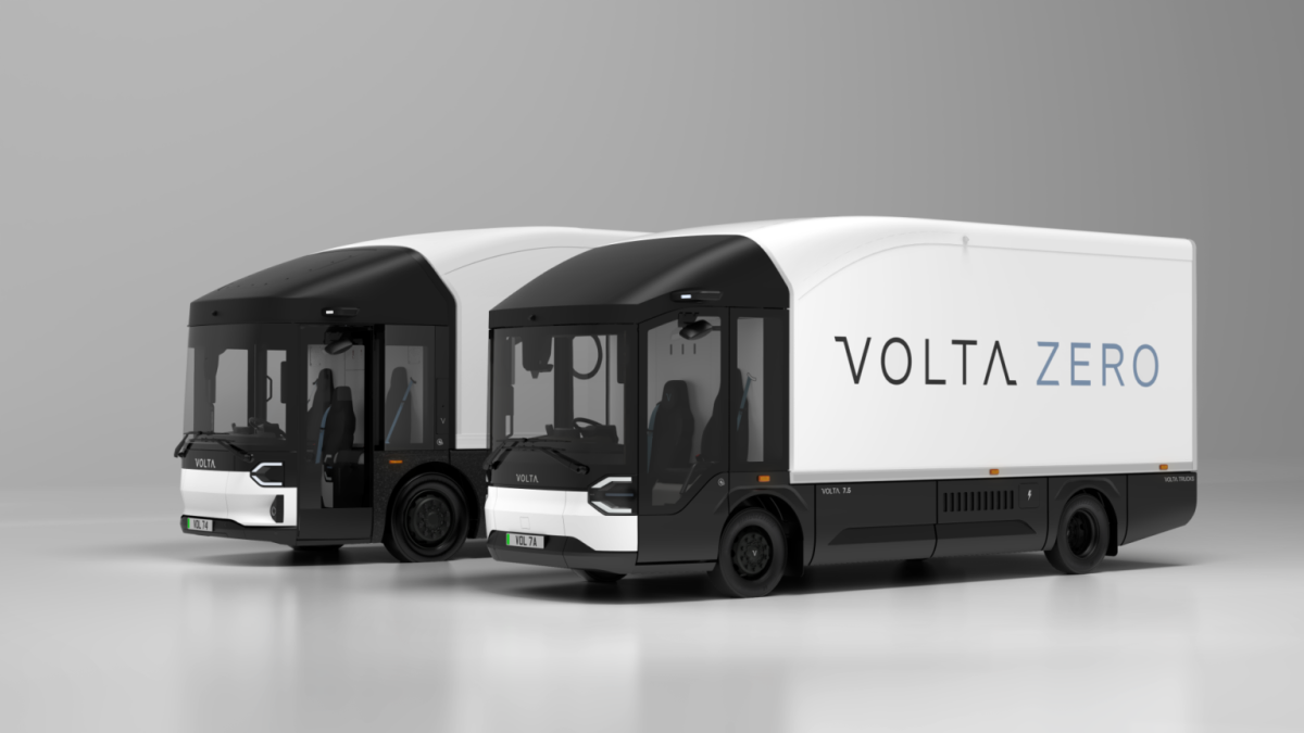 Two Volta electric commercial trucks.