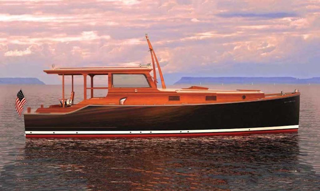 A wooden boat by Wheeler Yacht Company floating in front of a Maine sunset.