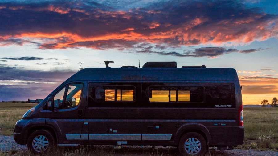 A Winnebago Class C Travato motorhome parked in Hasting Mesa in Ridgway, Colorado, at sunset