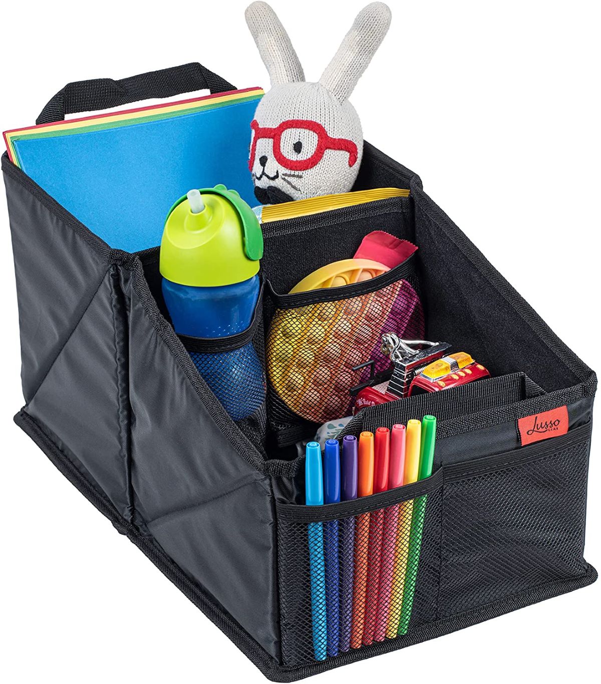 A car organizer bag filled with children's toys.  A bag like this is one of the best car storage accessories