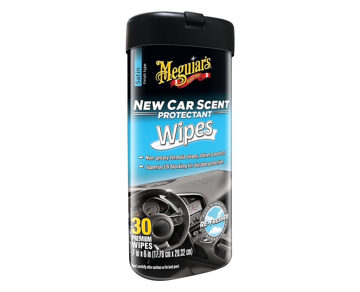 Black bottle of 30 Meguiar's New Car Scent Protectant Wipes, one of the best auto detailing tools for your car