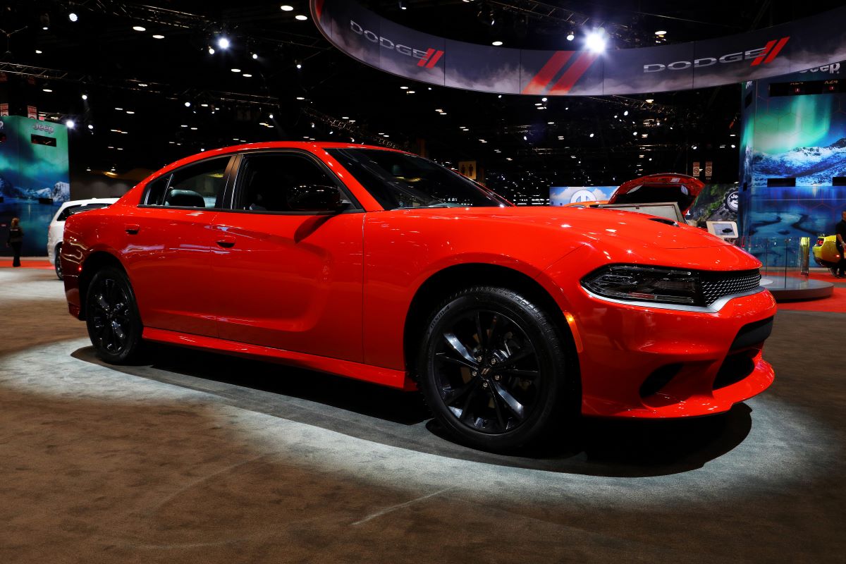 Red Dodge Charger full-size sedan sits on view at the Chicago Auto Show. 