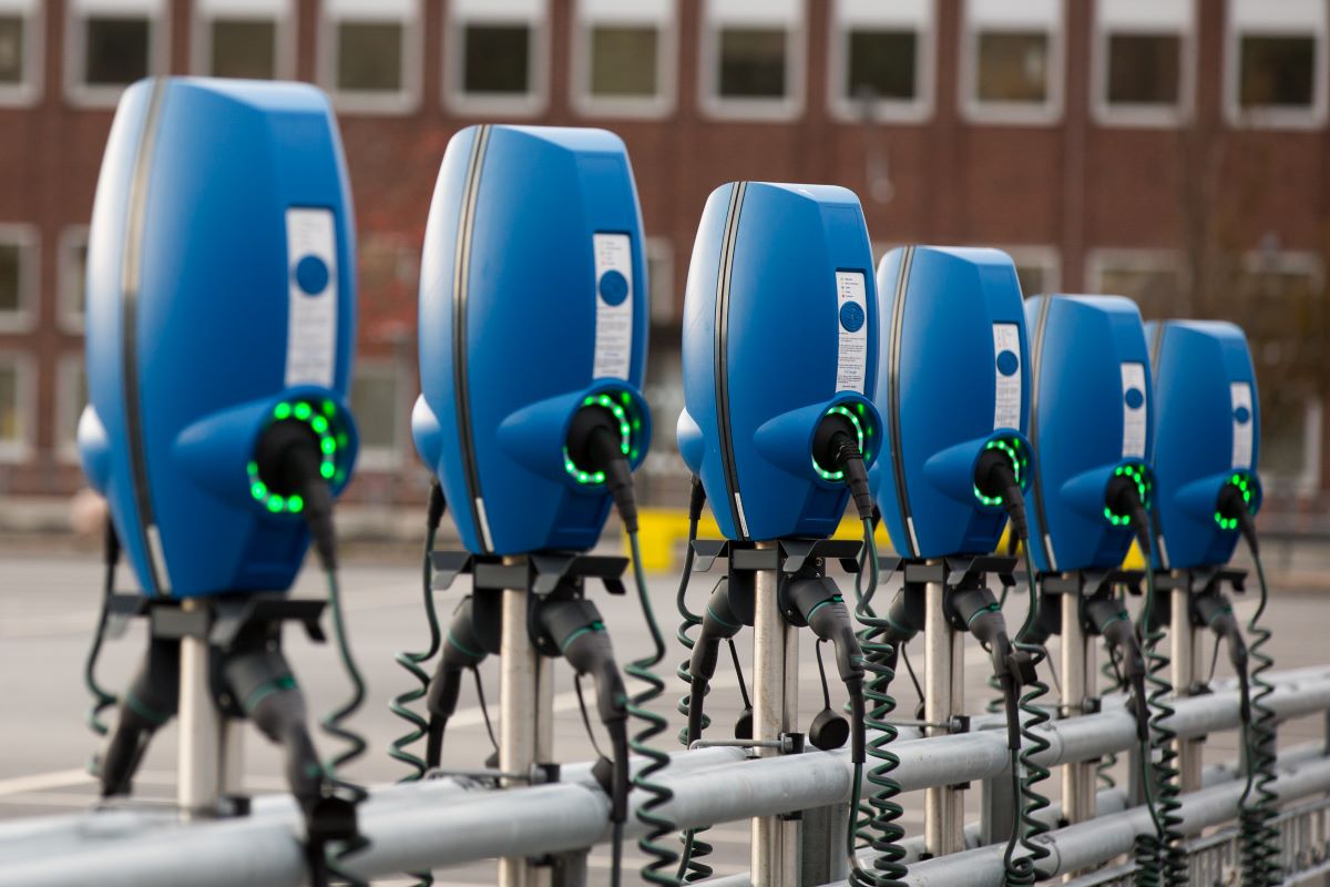 A line of EV charging stations