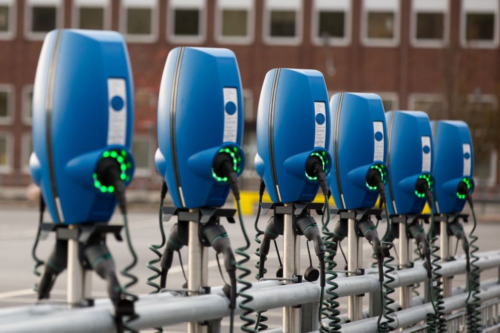 A line of EV chargers
