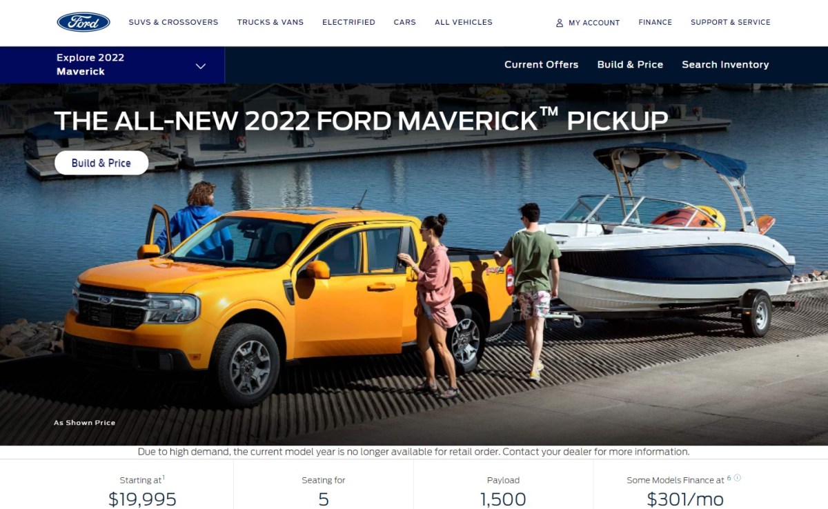 The Ford Maverick website shows that the 2022 truck is sold out. The only way to get a 2023 right now is to order a truck online.  