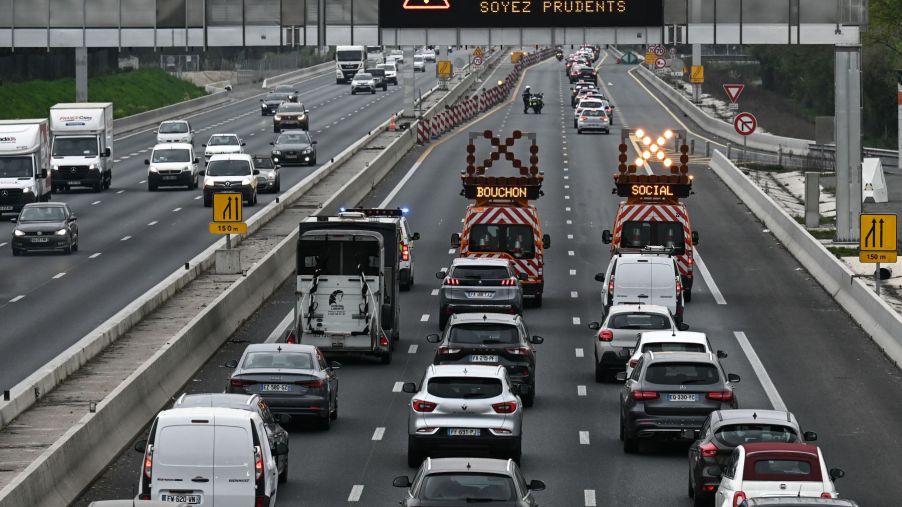 Highway safety trucks slowing down traffic in Bordeaux, France
