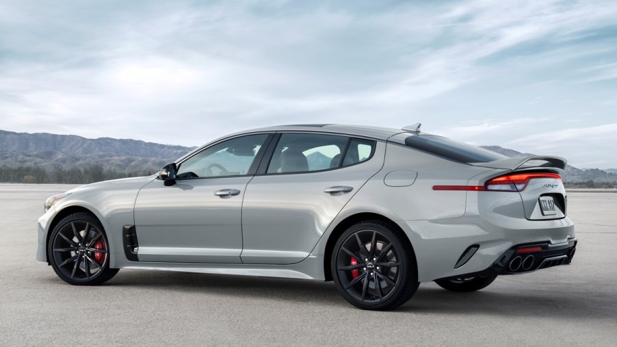 Silver Kia Stinger, one of the last affordable cars with a V6 engine