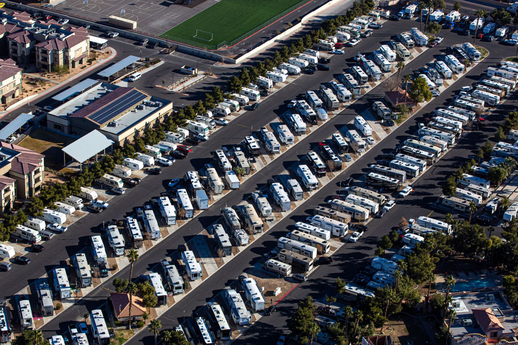 An overhead shot of a luxury RV park in Boulder City Parkway within Las Vegas, Nevada