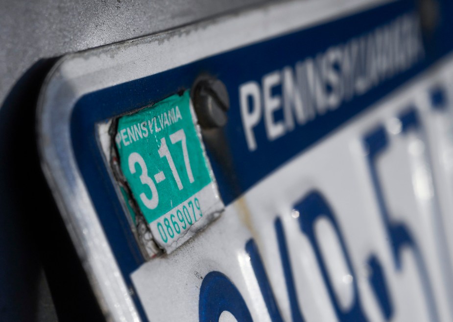 A registration sticker from March of 2017 on a Pennsylvania license plate