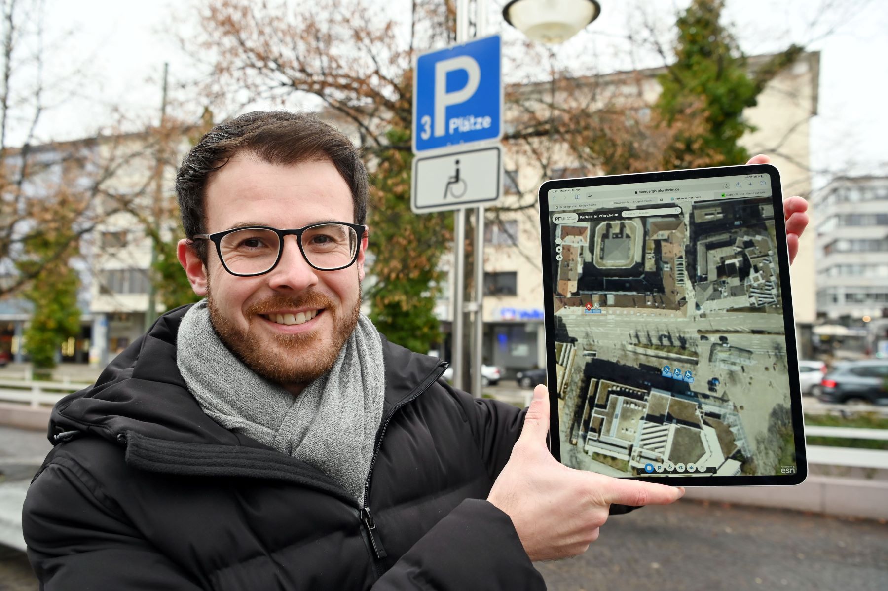 A web app showing disabled parking spaces on a tablet in the city of Pforzheim