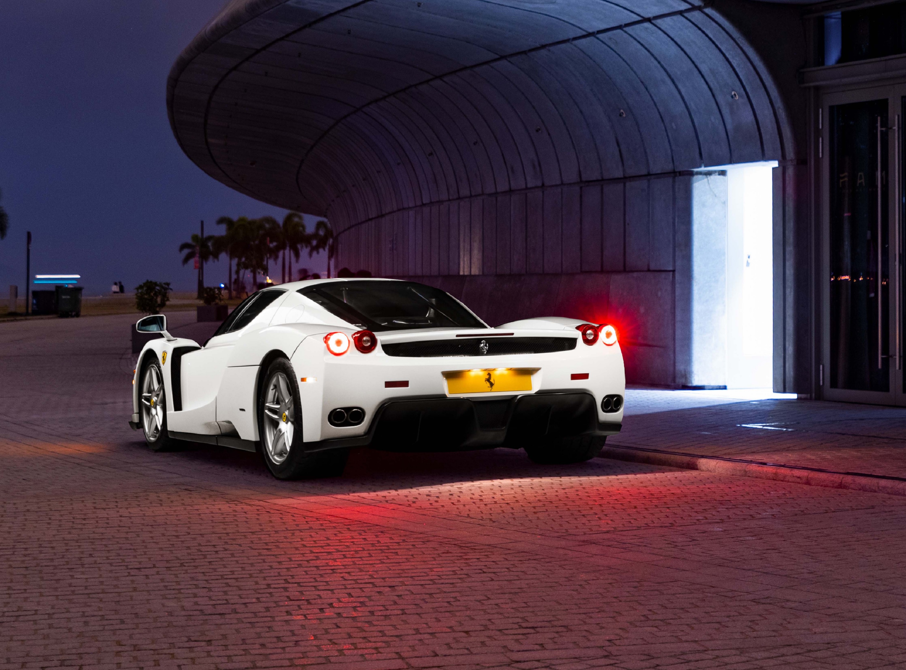 The rear 3/4 view of the 1-of-1 Bianco Avus white 2003 Ferrari Enzo by an illuminated door
