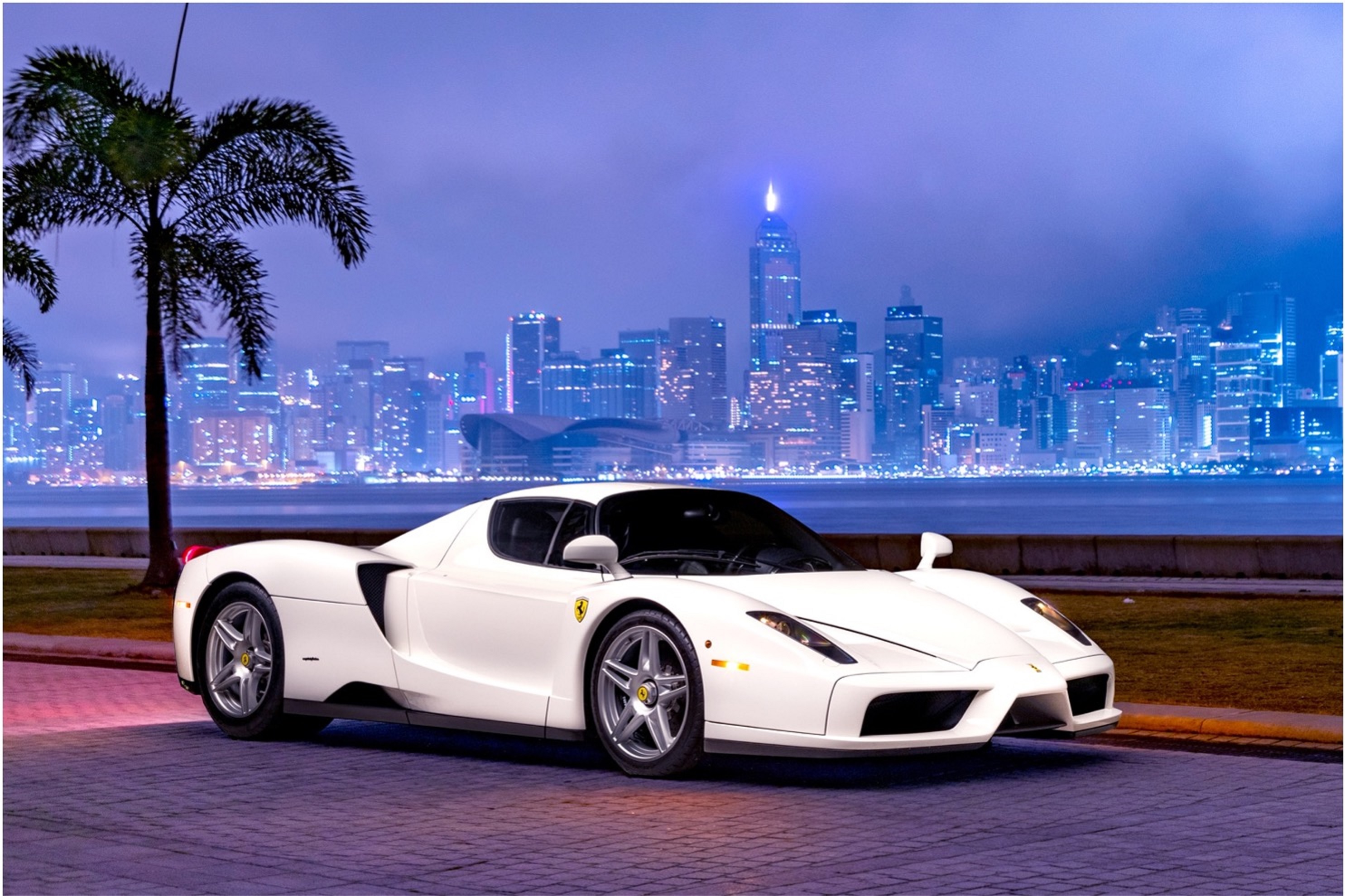 The 1-of-1 Bianco Avus white 2003 Ferrari Enzo in front of a nighttime city skyline