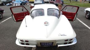 A white 1963 vintage Corvette Split-Window Coupe, one of the rarest classic sports cars and the topic of many legends