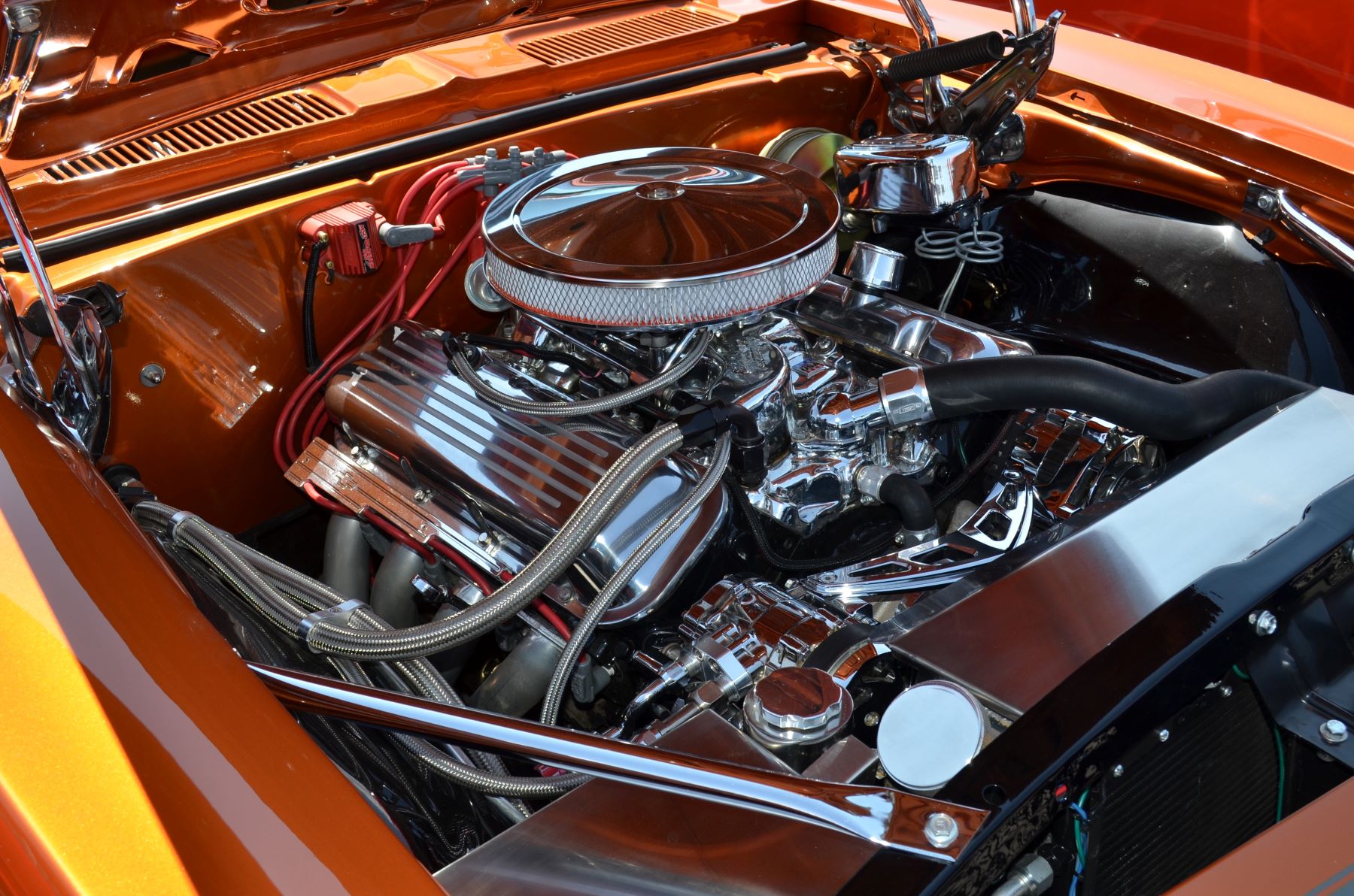A 1967 Chevy Camaro big block V8 engine on display at the Hot August Nights Custom Car Show in Reno, Nevada