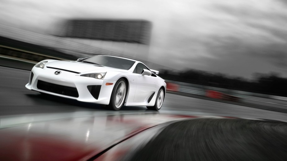 a white 2012 lexus lfa, the fastest car lexus ever produced with a top speed of more than 200 mph