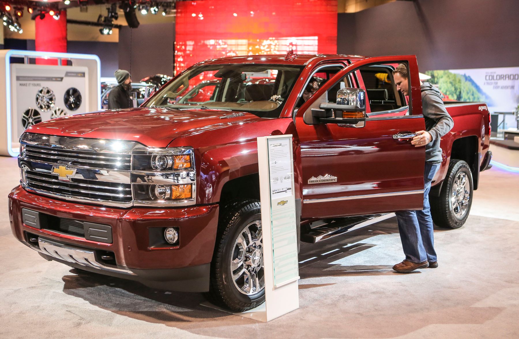 A 2015 Chevy Silverado 2500HD High Country Diesel pickup truck model at the Canadian International Auto Show