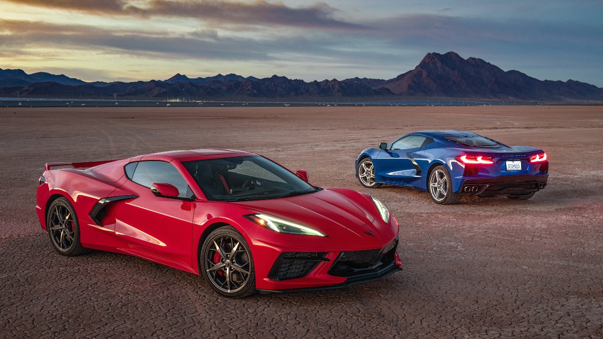 a red and blue 2020 chevrolet corvette parked showing off its modern and sporty design