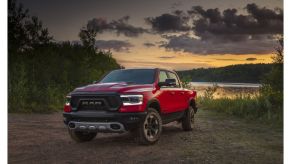 2021 Ram Rebel in red by a lake